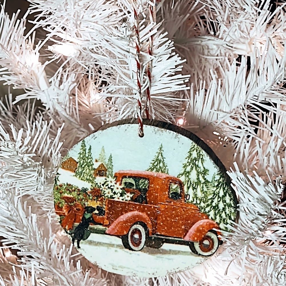 Hand Crafted Decoupage Wooden Christmas Ornament/Vintage Red Truck w/Puppies